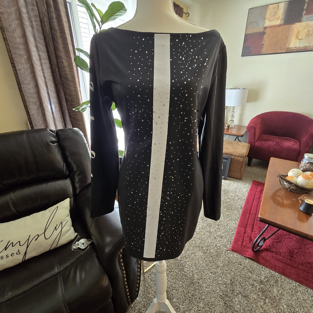 Chic Black and White Long Sleeve Faux Leather Dress